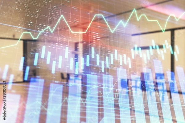 Fototapeta Stock and bond market graph with trading desk bank office interior on background. Multi exposure. Concept of financial analysis