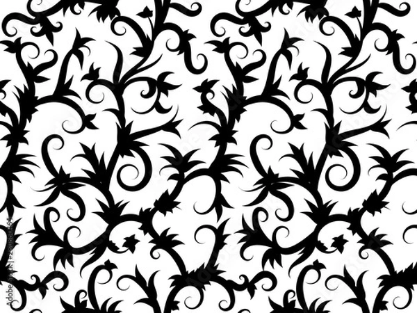 Fototapeta Seamless background of swirling tropical vines in black and white. Print for fabric.