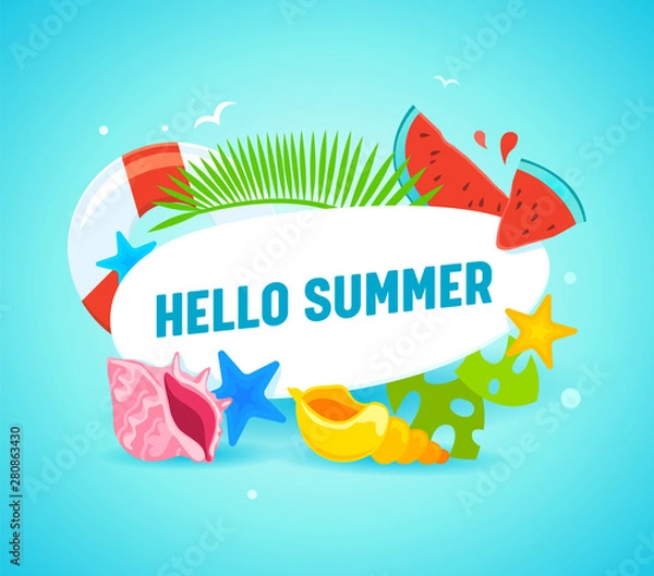 Fototapeta Hello Summer Banner with Typography and Summertime Items as Palm Leaves, Starfish, Lifebuoy, Watermelon Pieces and Colorful Shells