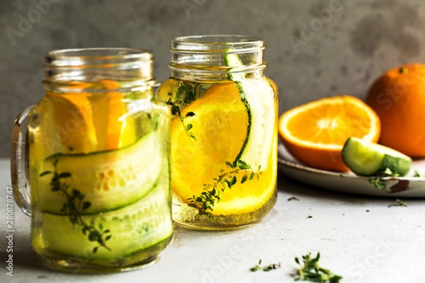 Obraz Cucumber ,Orange with  Lemon Thyme Infused water