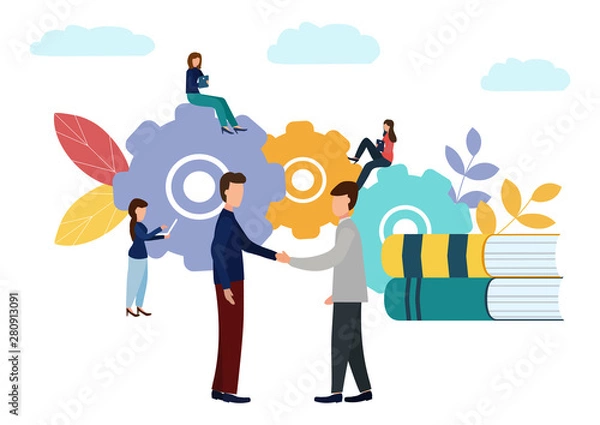 Fototapeta Vector illustration on white background. Business transfers a successful team. Financing of creative projects. Business handshake