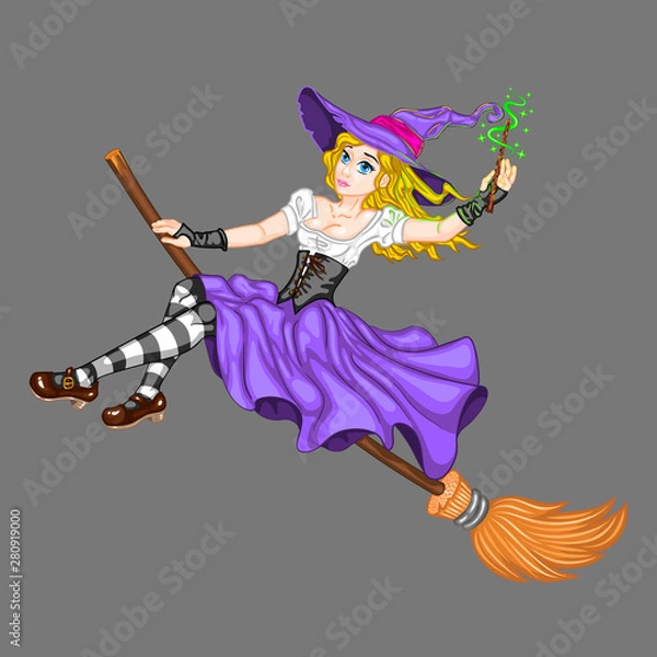 Obraz Charming witch flying on a broomstick