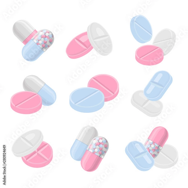 Fototapeta Pills and drugs vector colorful realistic icon set. Different shapes of pills compositions