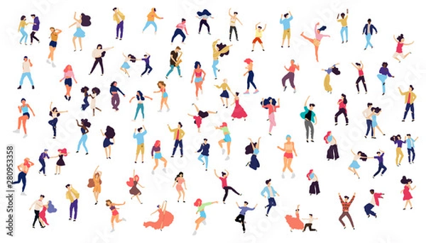 Fototapeta Crowd of young people dancing at club. Big set of characters having fun at party. Flat colorful vector illustration.