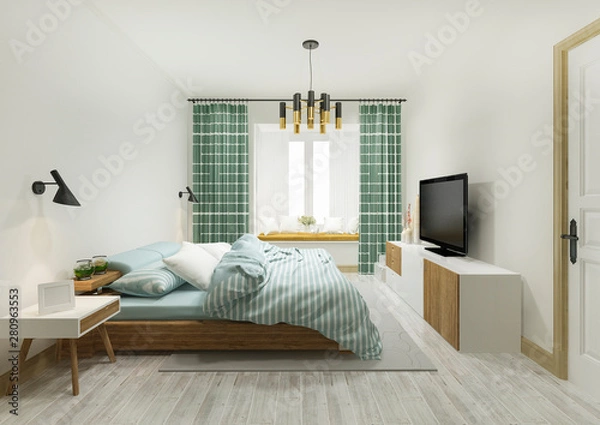 Fototapeta 3d rendering green vintage minimal bedroom suite in hotel with tv