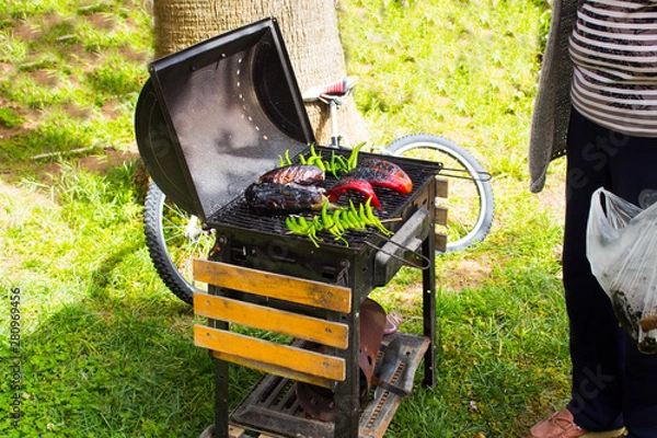 Obraz Meat and vegetables cooked on a barbecue