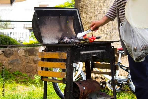 Obraz Meat and vegetables cooked on a barbecue