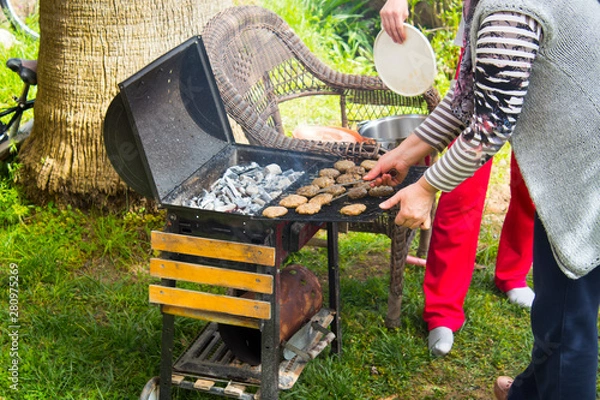 Obraz Meat and vegetables cooked on a barbecue