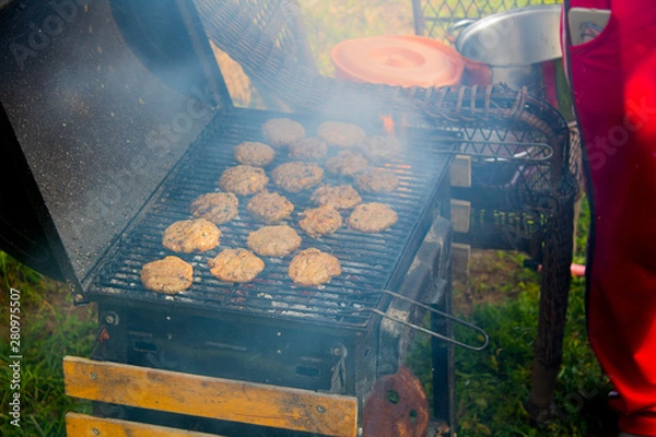 Obraz Meat and vegetables cooked on a barbecue