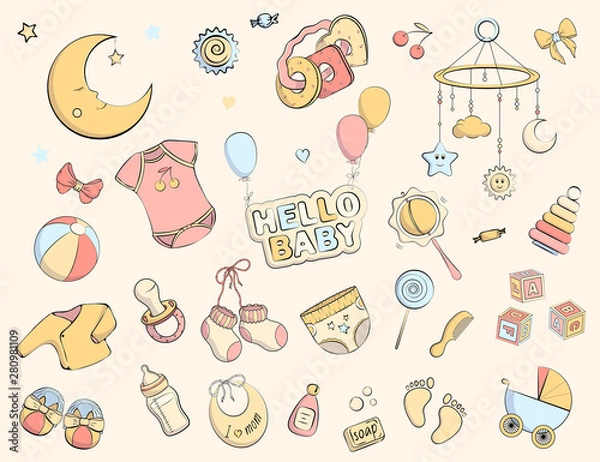 Obraz Newborn infant themed doodle set.