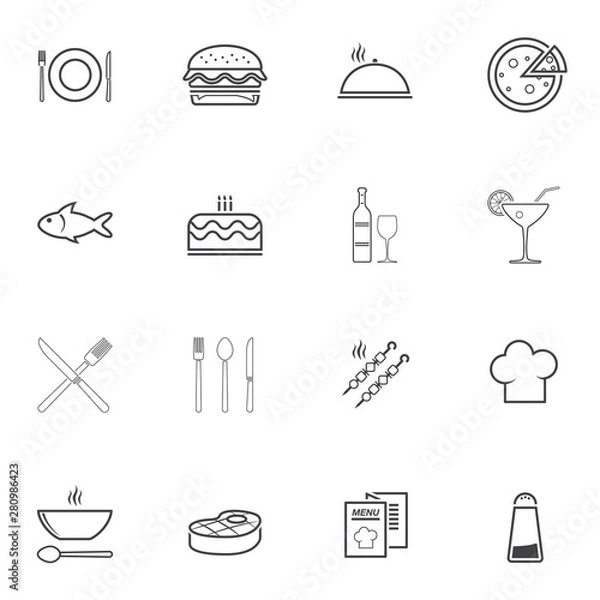 Fototapeta Restaurant menu line icons set. linear style symbols collection, outline signs pack. vector graphics. Set includes icons as pizza, burger, seafood, meat steak, dessert, drinks, soup, shish kebab