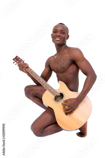 Obraz man with guitar sitting on a white background..