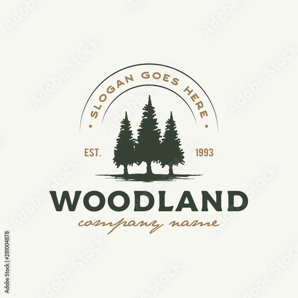 Obraz Projekt logo Rustic Retro Vintage Woodland, Evergreen, Pines, Spruce, Cedar trees