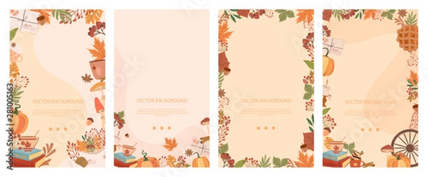 Obraz Zestaw jesień pionowe tło. Strona docelowa, wyślij wiadomość, ładowanie, autoryzacja i strona wyszukiwania. Koncepcja witryny internetowej lub aplikacji mobilnej. Edytowalne ilustracji wektorowych