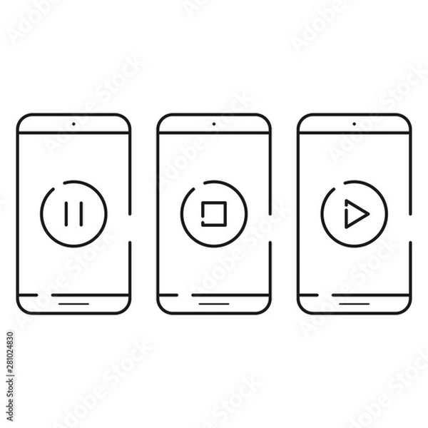 Fototapeta Three smartphone icons in simple line style. Outline cell phone vector for for website and app.Symbols for media player.