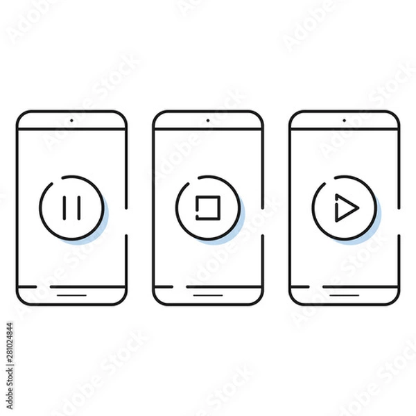 Fototapeta Three smartphone icons in simple line style. Outline cell phone vector for for website and app.Symbols for media player.