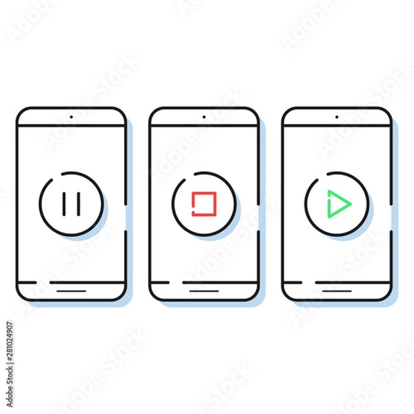 Fototapeta Three smartphone icon in simple line style. Outline cell phone vector for for website and app.Symbols for media player.
