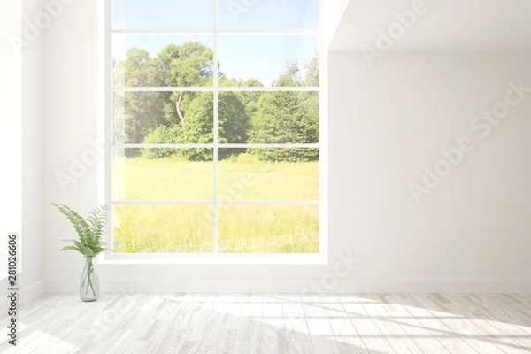 Obraz Stylish empty room in white color with summer landscape in window. Scandinavian interior design. 3D illustration