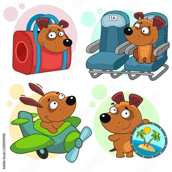 Fototapeta Set of children's illustrations for children and design. A dog in a bag, luggage, Sits on a seat in an airplane, flies in an airplane, holds a souvenir.