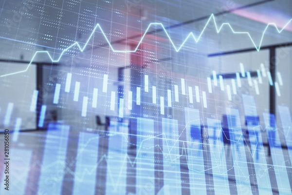 Fototapeta Stock and bond market graph with trading desk bank office interior on background. Multi exposure. Concept of financial analysis
