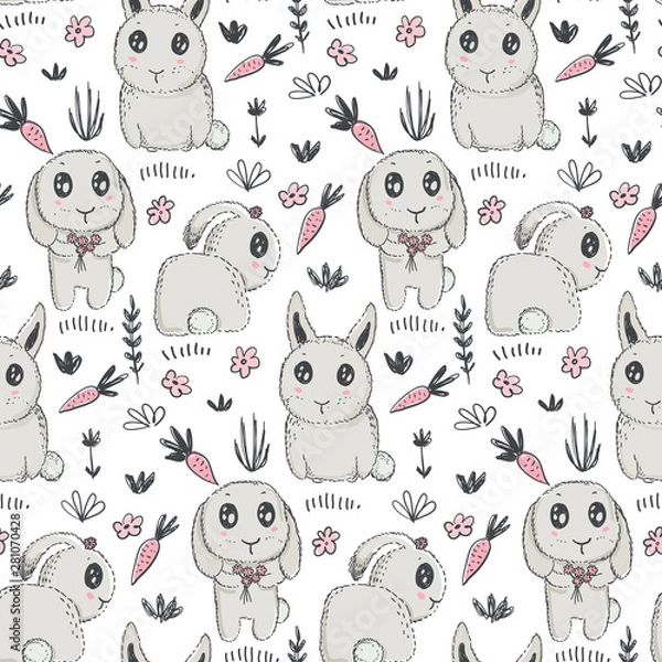 Fototapeta Vector seamless pattern with hand drawn cute rabbits, flowers, carrot.