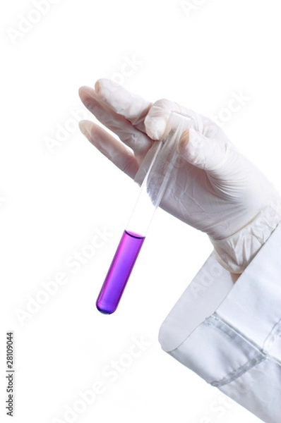 Obraz Hand holding flask with a pink liquid