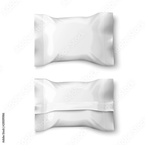 Fototapeta Vector realistic 3d white snack or candies sachet.  Mock-up for product package branding.