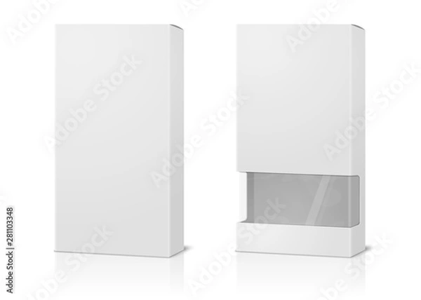 Fototapeta Vector realistic 3d white paper boxes, blank and with transparent window isolated on white background.  Mock-up for product package branding.