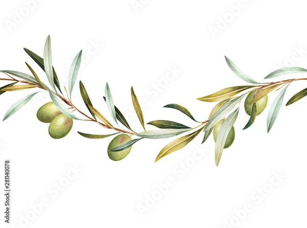 Fototapeta Seamless border of green olive tree branches. Hand drawn watercolor illustration. Decorative design elements.