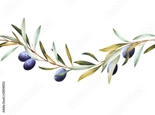 Fototapeta Seamless border of black olive tree branches. Hand drawn watercolor illustration. Decorative design elements.