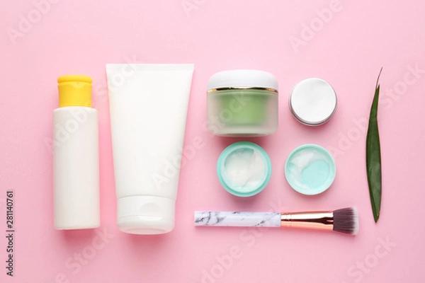 Fototapeta Set of cosmetic products on color background