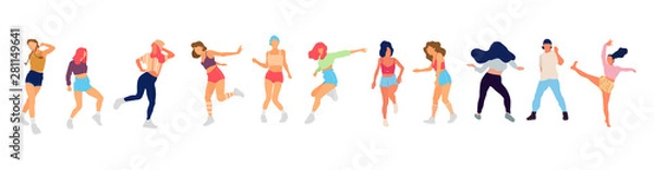 Fototapeta Crowd of young people dancing at club. Big set of characters having fun at party. Flat colorful vector illustration.