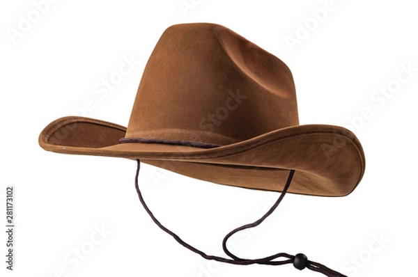Fototapeta Rodeo horse rider, wild west culture, Americana and american country music concept theme with a brown leather cowboy hat with hanging strings isolated on white background with clip path cut out