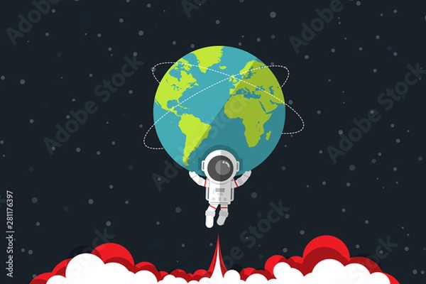 Fototapeta Flat design, Astronaut carrying Earth on his shoulder and below has jet engine red smoke, Vector illustration, Infographic Element