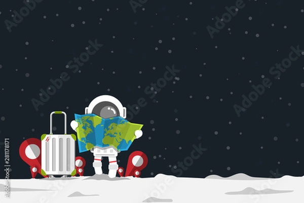 Fototapeta Flat design, Astronaut holding map paper with luggage and Location Check in sign,Vector illustration, Infographic Element, Travel concept