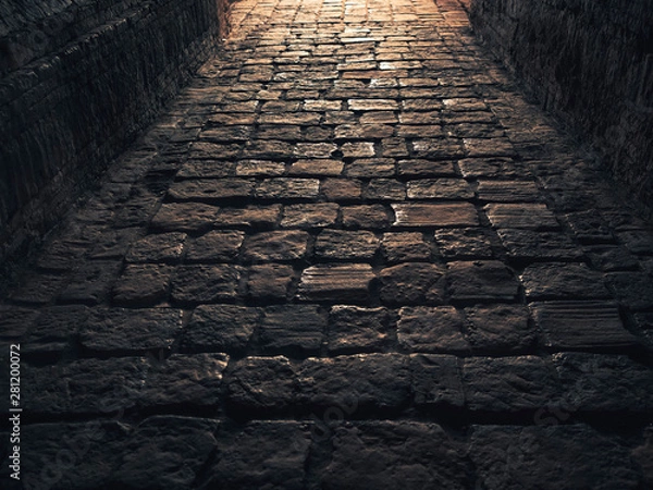 Fototapeta Cobble stone Pathway old town street walkway with sunlight