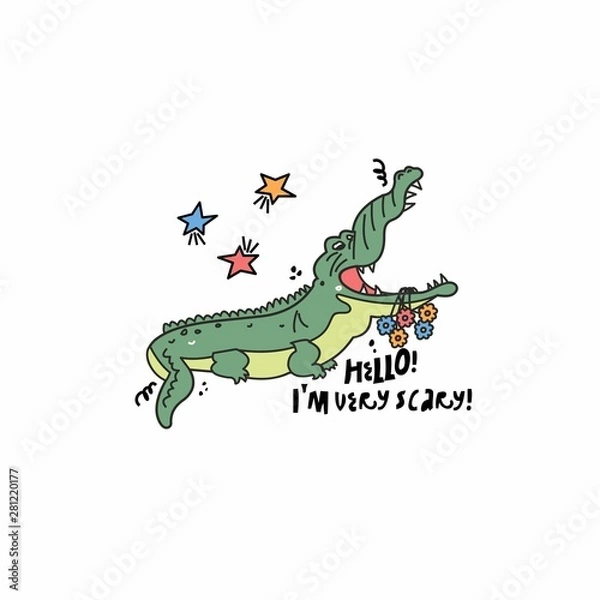 Obraz Vector cute illustration - cartoon crocodile with a bouquet of flowers. Postcard, print for goods for children.