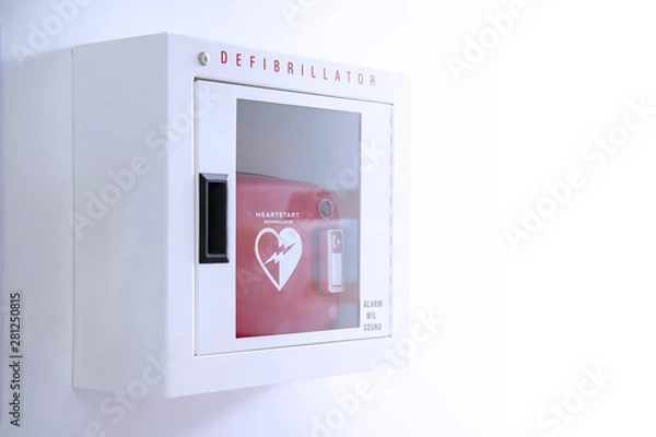 Fototapeta Automated External Defibrillator (AED) in white box on the wall Is an emergency pacemaker device for people with cardiac arrest. Heart defibrillator on white background.