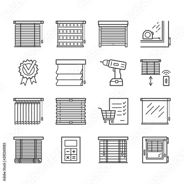 Fototapeta Jalousie linear icons set. Window blinds thin line editable stroke vector signs