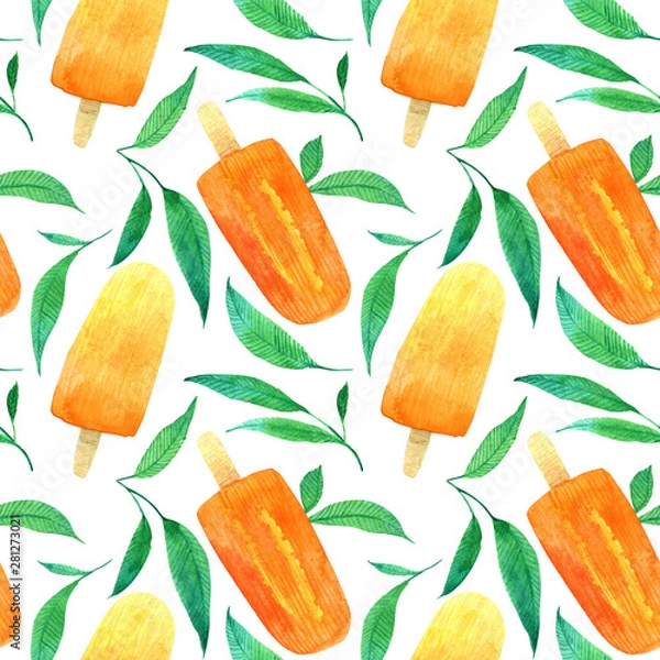 Obraz Laconic bright summer seamless pattern. Juicy orange and yellow citrus popsicles and green leaves. Hand drawn watercolor isolated elements on white background.
