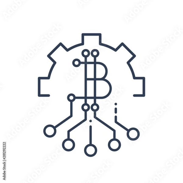 Fototapeta Financial electronic technology Bitcoin. Implementation. Vector linear icon on white background.