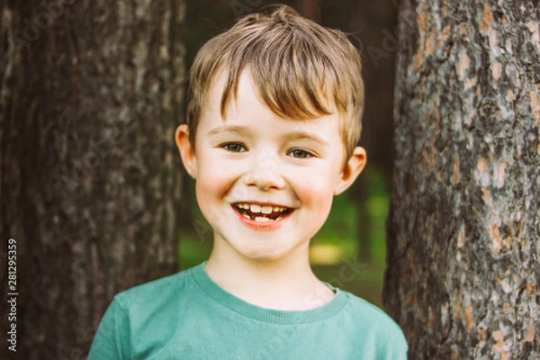 Fototapeta Portrait of a charming boy with a wide smile on the background of pine trees in forest