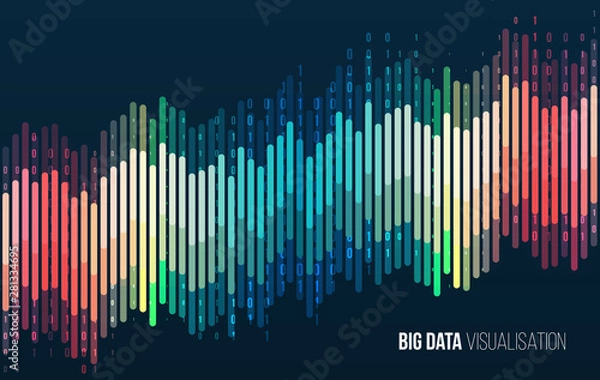 Fototapeta Wizualizacja Big Data. Streszczenie tło z tablicą linii i kod binarny. Struktura połączenia. Wizualna koncepcja tablicy danych. Kompleks połączeń Big Data.