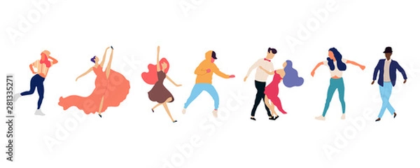 Fototapeta Crowd of young people dancing at club. Big set of characters having fun at party. Flat colorful vector illustration.