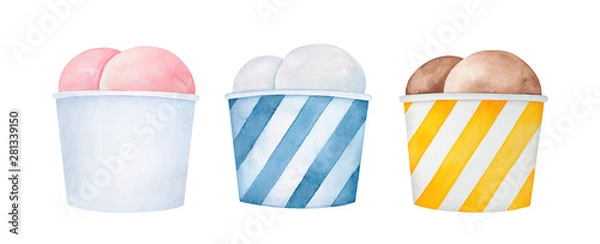 Obraz Cute multicolor set of various ice cream sorts in different paper cup containers. Hand painted water color sketchy drawing on white background, cutout clip art elements for creative design decoration.