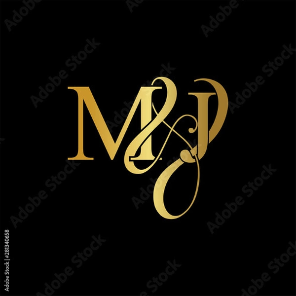 Fototapeta Initial letter M & J MJ luxury art vector mark logo, gold color on black background.