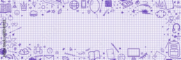 Fototapeta Abstract pattern with school supplies. Graphic paper background. Checkered texture. Back to school. Set of different signs. Hand drawn elements. Illustration for banners, flyers or posters