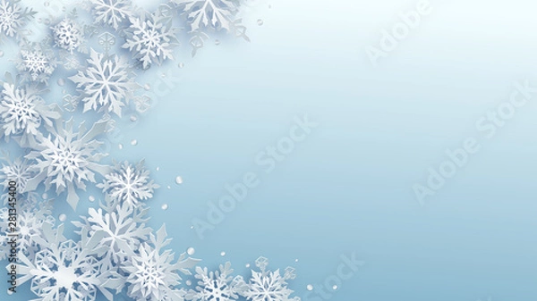 Fototapeta Christmas illustration of white complex paper snowflakes with soft shadows on light blue background