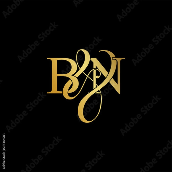 Fototapeta Initial letter B & N BN luxury art vector mark logo, gold color on black background.