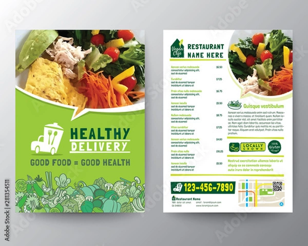 Obraz Ulotka z dostawą żywności, broszura, projekt broszury wektorowej w formacie A4. Zdrowy posiłek, kolor zielony szablon menu restauracji